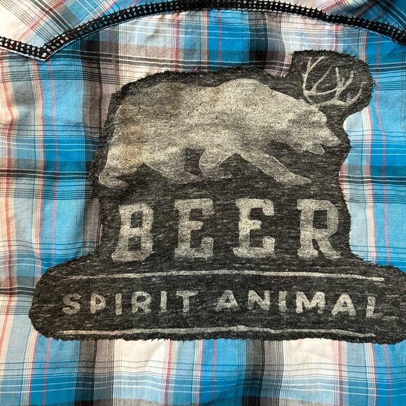 Plaid Western Plaid Pearl Snap Shirt XL Oversize One of Kind Beer Spirit Animal - Picture 5 of 6